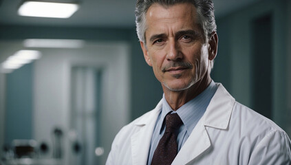 Photo of a trustworthy mature man doctor. AI generated