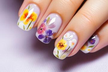 A woman showing off her tulip nails, in the style of detailed painting, rounded, colorful brushstrokes, creased, detailed, close up, light gray

