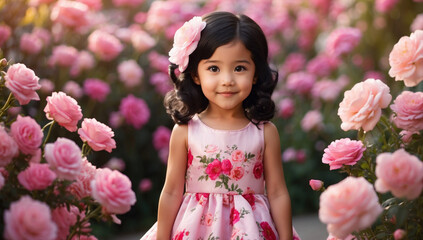 A cute little Asian girl in pink dress on pink flowers background. AI generated