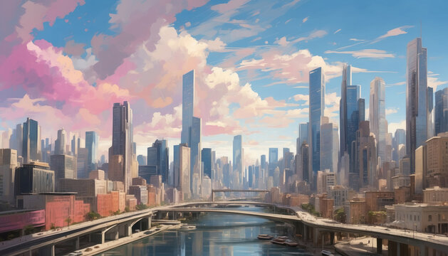 Watercolor cityscape illustration with skyscrapers and river. AI generated