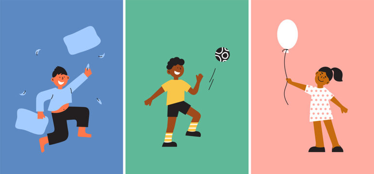 Diversity children play different home game. Happy boy playing football kicking ball, girl holding balloon, laughing kid jumps throws pillow. Kids leisure activities, childhood set vector illustration
