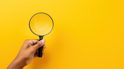  a person's hand holding a magnifying glass over a yellow background with copy space in the middle. - obrazy, fototapety, plakaty