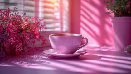 pink teacup next to flowery window sill and potted plant
