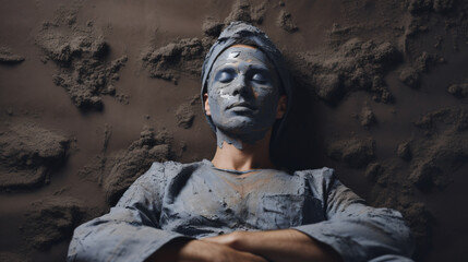 Man relaxing with a clay face mask at spa, in the style of dark beige and gray, large canvas format, installation creator, free-associative, dark gray and dark azure, elegant, emotive faces, cut/rippe
