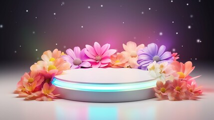 A podium decorated with spring flowers, an empty round-shaped advertising stand for displaying products with bright colors. Layout for the design