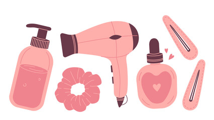 Hair care collection in pink color. hair dryer, hair tie, hair clips, perfume, shampoo