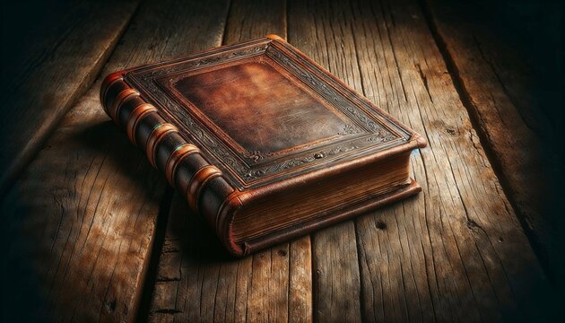 a brown book that is on a wooden table with dark light