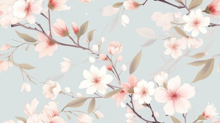  a floral wallpaper with pink flowers and green leaves on a light blue background with a light blue sky in the background.