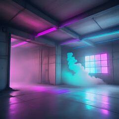 Sci Fi Futuristic Smoke Fog Neon Laser Garage Room,blue pink violet neon abstract background,ultraviolet light,night club Cyber Undergound Warehouse Concrete Reflective Studio - generated by ai