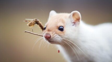  a close up of a small animal with a stick in it's mouth and a bug in it's mouth.