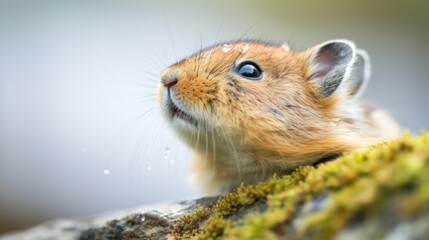  a close up of a small rodent on a mossy surface with drops of water on it's face.