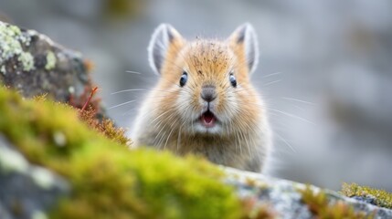  a close up of a rodent on a rock with moss growing on it's sides and its mouth open.