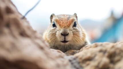  a close up of a rodent looking at the camera with a blurry background of rocks and a tent in the background. - obrazy, fototapety, plakaty