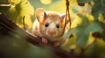  a close up of a mouse on a tree branch with leaves in the foreground and a blurry background.