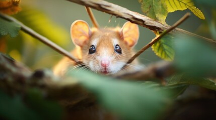  a close up of a small rodent on a tree branch looking at the camera with a curious look on its face.