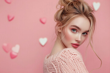Portrait of beautiful blonde woman model with pink background wall and hearts. - obrazy, fototapety, plakaty
