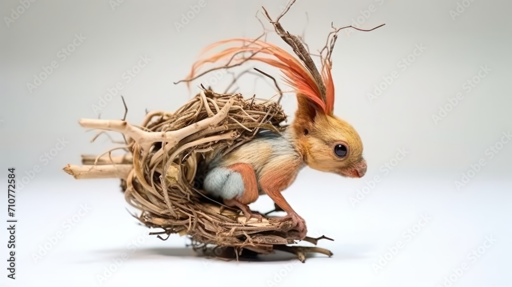 Poster  a small bird sitting on top of a nest filled with twigs and a bird's head sticking out of the top of the nest.