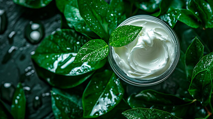 Cosmetics cream on a background of leaves. Selective focus. .