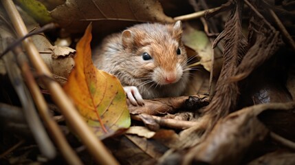  a small rodent sitting in the middle of a pile of leaves on the ground next to a dead leaf.