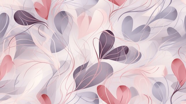  a bunch of pink and grey hearts on a pink and grey background with pink and grey leaves on the left side of the image.
