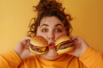 Portrait of a beautiful cheerful Plus size pin-up woman posing with two burgers