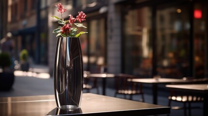  a vase filled with red flowers sitting on top of a metal table in front of a building on a city street.