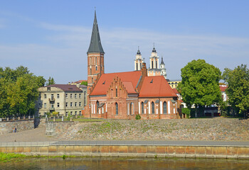 Fototapeta na wymiar Kaunas, Lithuania - Nemen River and Church of Vytautas the Great