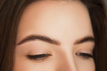 A beautiful girl of model appearance with laminated eyebrows. Close-up of laminated and tinted...