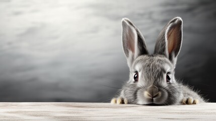  a close up of a rabbit's face peeking over a wooden table with a gray sky in the background.