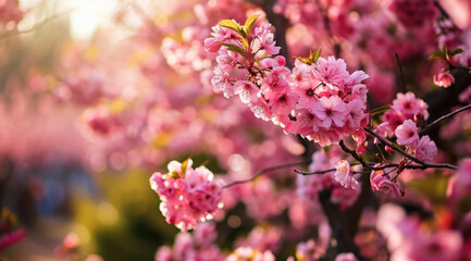 Naklejka na ściany i meble The blossoming charm of cherry trees in a springtime garden