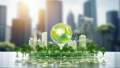 Human touching a advanced technology based on AI light with greenery city, eco-friendly city on a city background with hologram network light bulb screen icons for energy source renewable.