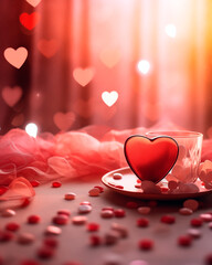 Romantic card for Valentine's Day celebration. Heart in candles and flowers. Bokeh lighting. Copy space