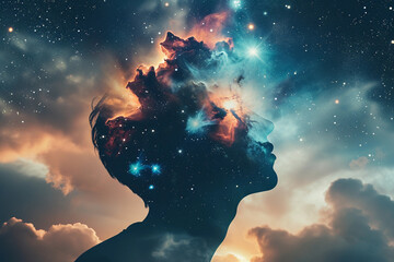Ethereal portrait of a figure with galaxies for eyes, nebula clouds swirling around the head - obrazy, fototapety, plakaty