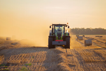 Fototapeta premium Combine harvester pressing straw from field into bales driving field on sunny summer evening. Field with bales of pressed wheat. Lots of dust on field. Agricultural agro-industrial harvesting works
