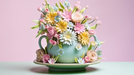  a teacup filled with flowers sitting on top of a green plate on top of a blue tablecloth covered table.