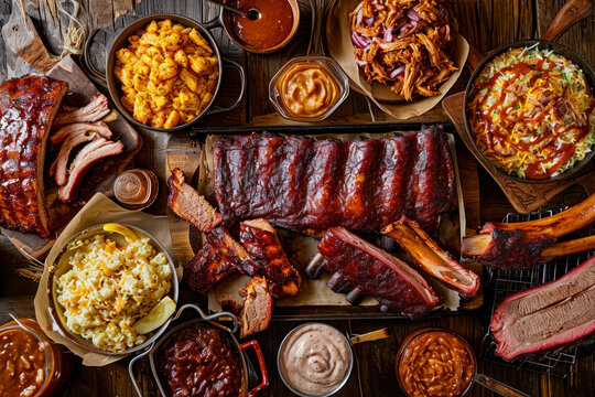 Southern barbecue feast, a mouthwatering image showcasing a hearty spread of Southern barbecue dishes with ribs, pulled pork, and classic sides.