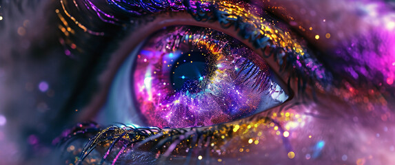 eye, iris transformed into a swirling galaxy, neon colors and cosmic elements