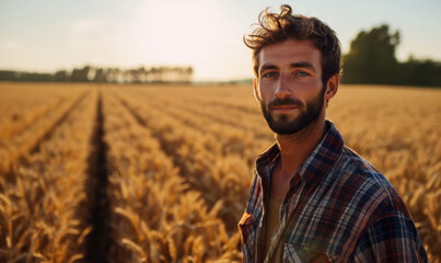 Portrait of a young farmer in a wheat field at sunset