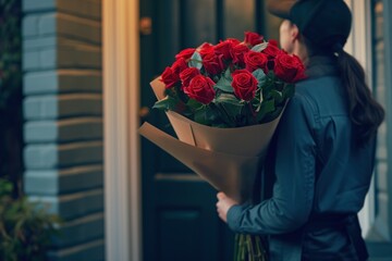 Doorstep Delivery. A delivery person, dressed in uniform, standing at the doorstep holding a beautiful bouquet of red roses - obrazy, fototapety, plakaty