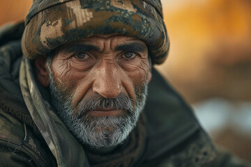 Obraz premium war journalist, worn-out expression, background of a blurred war-torn landscape