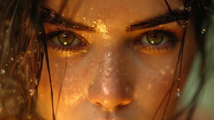 A close-up photograph of a woman's face, her eyes obscured by a layer of rainwater, capturing the essence of the rainy autumn season with a warm amber glow.