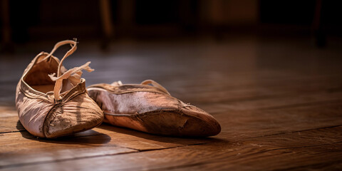 ballerina’s worn-out shoes on hardwood floor, reminiscing past performances