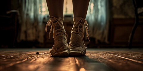 ballerina’s worn-out shoes on hardwood floor, reminiscing past performances - Powered by Adobe