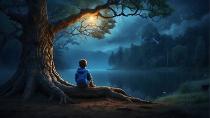 Alone Boy in Dark Forest with Sad Feelings at Blue Hour - obrazy, fototapety, plakaty