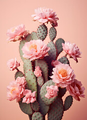 Prickly cactus with beautiful pink flowers, on a pastel pink background.