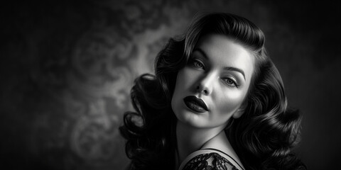 Old Hollywood glamour portrait, classic starlet with marcel waves, high-contrast black and white - obrazy, fototapety, plakaty