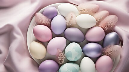  a bowl filled with pastel colored eggs on top of a pink satin covered table cloth and a white bowl filled with pastel colored eggs on top of pink satin.