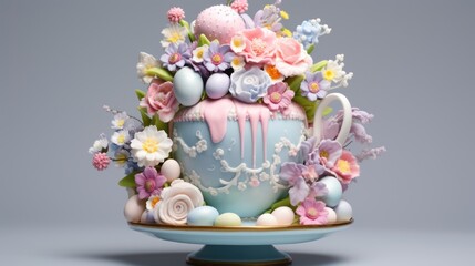  a cake decorated with flowers and eggs on a blue plate on a gray background with a gray background behind it.