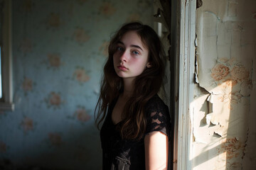 Fototapeta premium young adult returning to their childhood home, standing in an empty room with peeling wallpaper