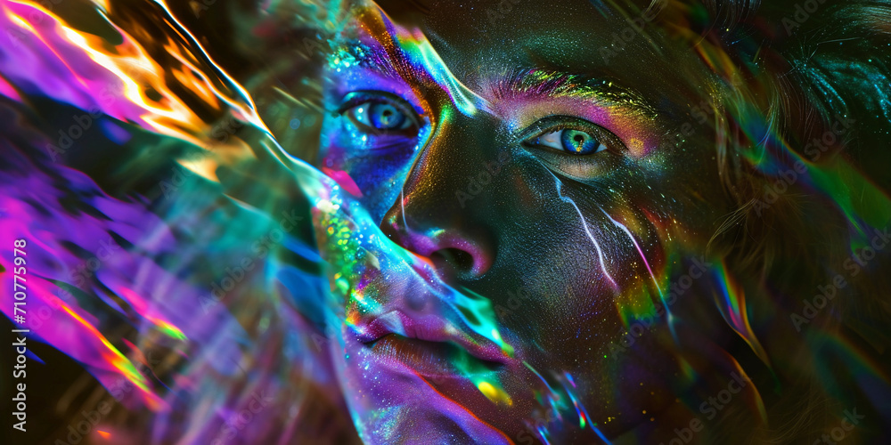 Sticker psychedelic self-portrait, multiple iridescent layers superimposed, face partially morphing into a l